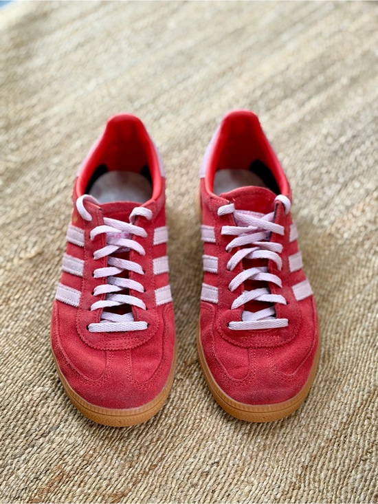 adidas Shoes - Adidas Red Suede Sneakers with Light Pink Stripes